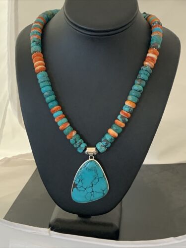 Navajo Pearls Spiderweb Spiny Oyster Turquoise Necklace Pendant | Sterling Silver | Southwestern Native American | 00833