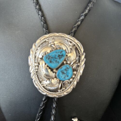 Native American Men's Bolo Tie | Blue Kingman Turquoise | Sterling Silver | Navajo Handmade | 14280