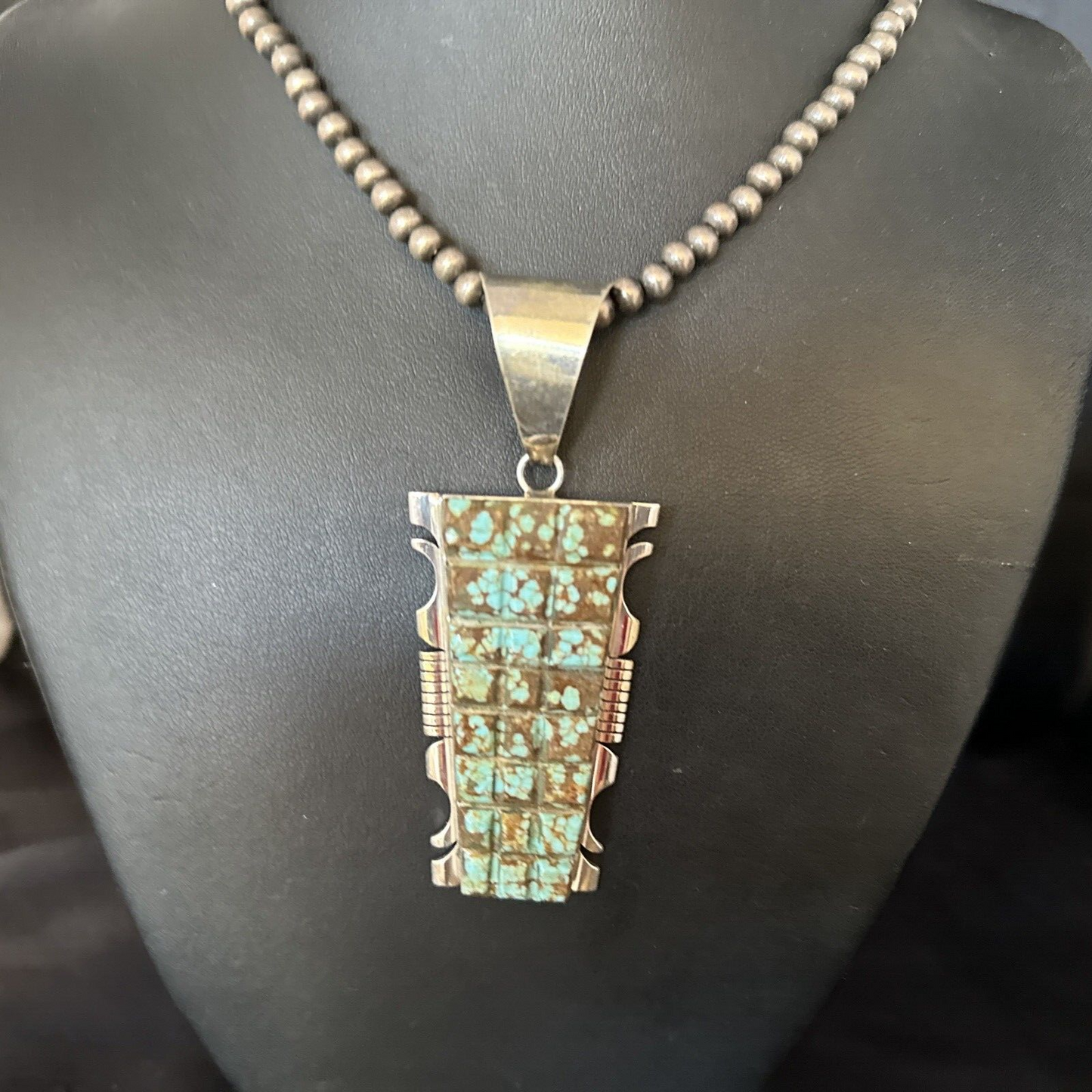 Authentic Native American Navajo Blue Turquoise Necklace Pendant | Sterling Silver | 8" | 14462