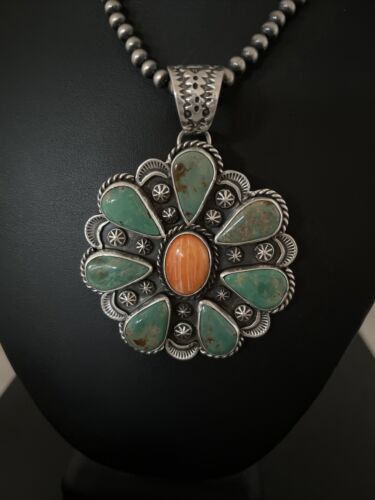 Navajo Spiny Oyster & Turquoise Cluster Pendant Necklace | Sterling Silver | Native American Handmade | 1119