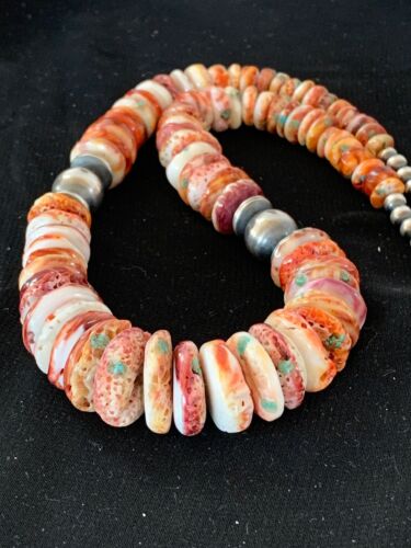 Navajo Red Spiny Oyster & Sterling Silver Graduated Necklace | Authentic Native American | 20" | 3242