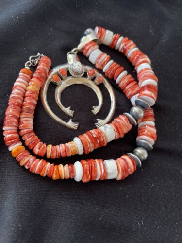 Turquoise Spiny Sterling Squash Blossom Necklace | Navajo Naja Pendant | Navajo Pearls | 21" | 00959