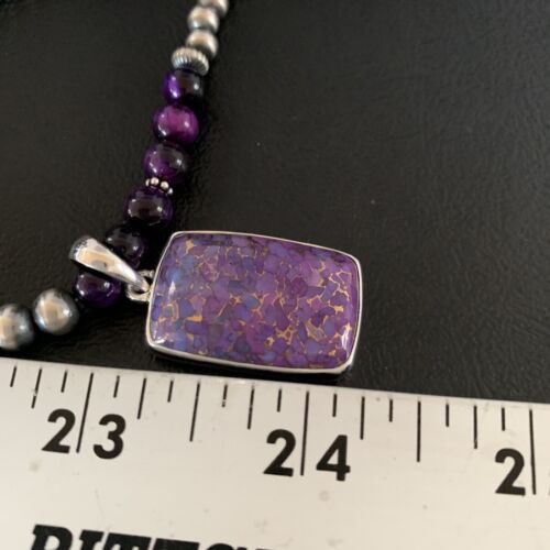 Navajo Pearl Purple Mojave Turquoise Onyx Pendant Necklace | Sterling Silver | Authentic Native American Handmade | 13404