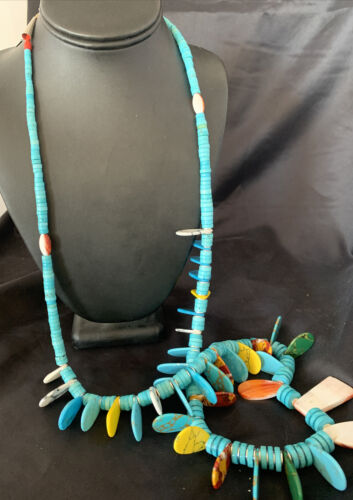 Native American Santo Domingo Spiny Turquoise Necklace | 40" | Sterling Silver | 12066 - Masha USA