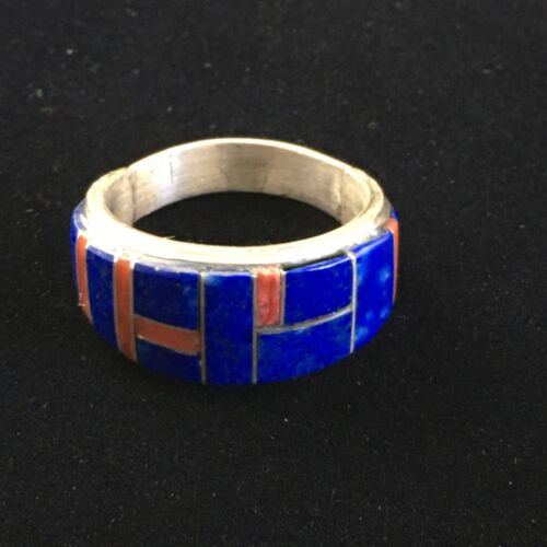 Navajo Multi-Stone Lapis Coral Inlay Ring | Sterling Silver | Sz 9.75 | Authentic Native American Handmade | 10102