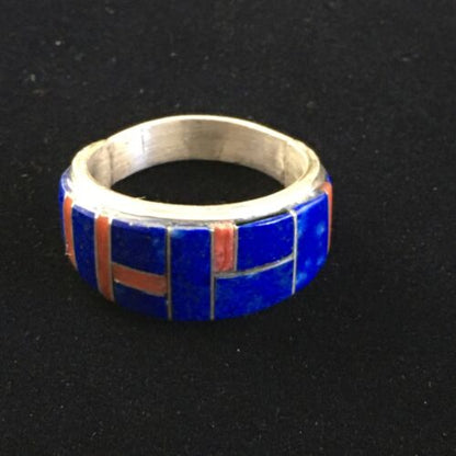 Navajo Multi-Stone Lapis Coral Inlay Ring | Sterling Silver | Sz 9.75 | Authentic Native American Handmade | 10102