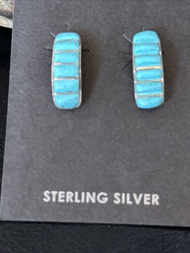 Navajo Blue Turquoise Inlay Earrings | Sterling Silver | 1" | Authentic Native American Handmade | 14777