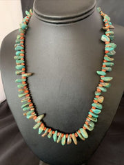 Navajo Green Turquoise and | Red Spiny Oyster Necklace | Sterling Silver | Authentic Native American Handmade | 21" | 13222