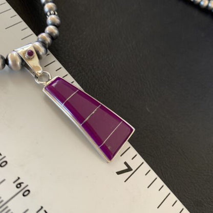 Navajo Pearl Necklace Purple Sugilite Inlay Pendant | Sterling Silver | Authentic Native American Handmade | 12620