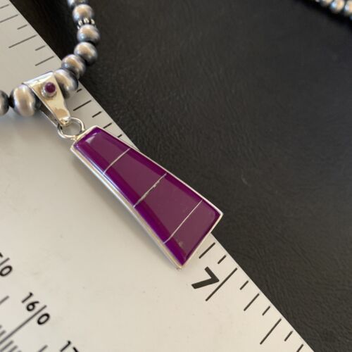 Navajo Pearl Necklace Purple Sugilite Inlay Pendant | Sterling Silver | Authentic Native American Handmade | 12619