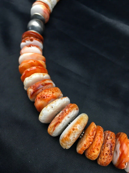 Orange Spiny Oyster Navajo Sterling Silver Necklace | Graduated | Authentic Native American | 26" | 2623