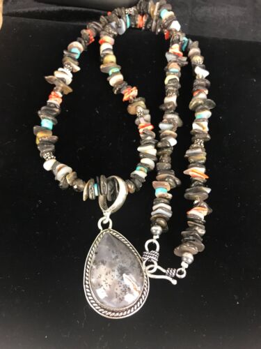 Navajo Turquoise Spiny Oyster Abalone Pendant Necklace | Sterling Silver | Authentic Native American Handmade | 11886