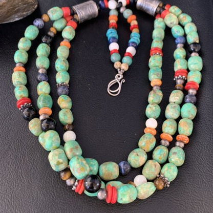 Multi-Color Green Turquoise Spiny Lapis Necklace | 3-Strand Sterling Silver | 13954