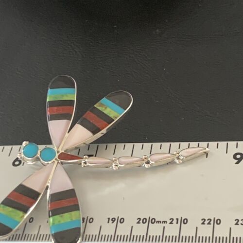 Zuni Coral Turquoise Inlay Dragonfly Necklace Pin Pendant | Sterling Silver | Native American Handmade | 11891