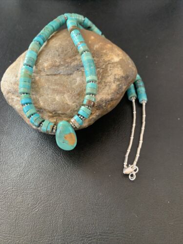 Navajo Green Turquoise Heishi Necklace | Sterling Silver | 22" | Authentic Native American Handmade | 11814