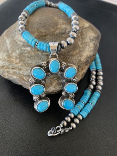 Navajo Blue Turquoise Necklace with Sterling Silver Naja Pendant | Authentic Native American Handmade | 02017