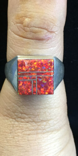 Navajo Men's Red Opal Inlay Ring | Sterling Silver | Sz 9.5 | Authentic Native American Handmade | 10104