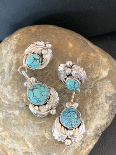 Handmade Navajo Spiderweb Turquoise Dangle Earrings | Sterling Silver Post | Authentic Native American | 1482