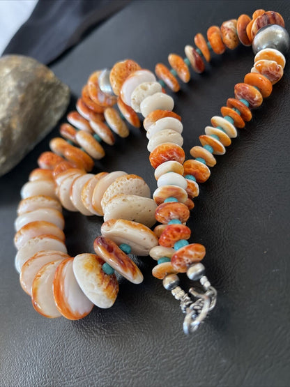 Authentic Native American Navajo Turquoise & Orange Spiny Oyster Necklace | Sterling Silver | Graduated | 22" | 10588