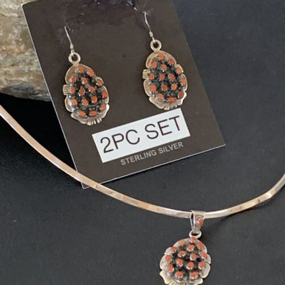 Navajo Sterling Silver Red Coral Cluster Pendant Earrings Set | Authentic Native American Handmade | 02155