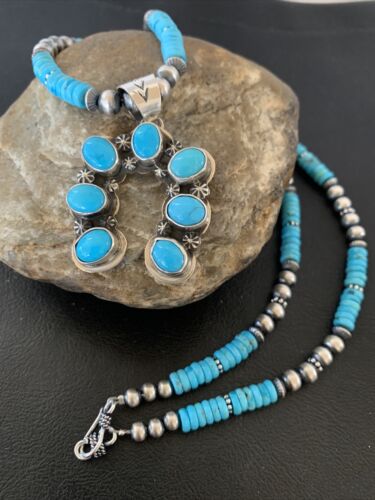 Navajo Blue Turquoise Necklace with Sterling Silver Naja Pendant | Authentic Native American Handmade | 02016