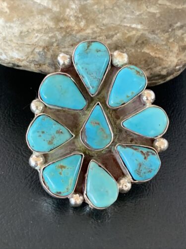 US Mens GORGEOUS Navajo Sterling Silver Blue Turquoise Cluster Ring S10 2191