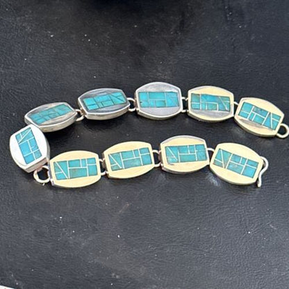 Men's Sterling Silver Navajo Turquoise Inlay Link Bracelet | 8.5" | Authentic Native American Handmade | 14659