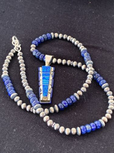 Navajo Purple Opal Lapis Necklace Pendant Set | Sterling Silver Inlay | Authentic Native American Handmade | 00594