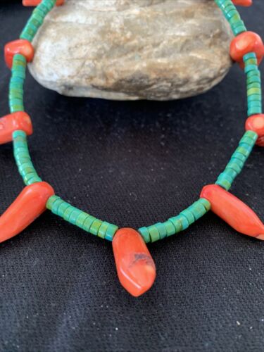 Navajo Turquoise Coral Chili Pepper Necklace | 20" | Sterling Silver Beads | Southwestern | 00828