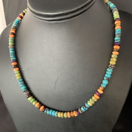 Navajo Blue Turquoise & Orange Spiny Oyster Necklace | Sterling Silver | 18" | 13433