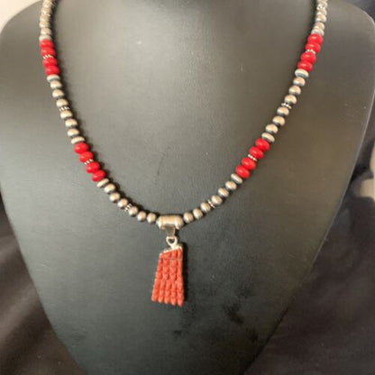 Navajo Red Coral Corn Inlay Necklace Pendant | Sterling Silver | 21" | Authentic Native American Handmade | 12584