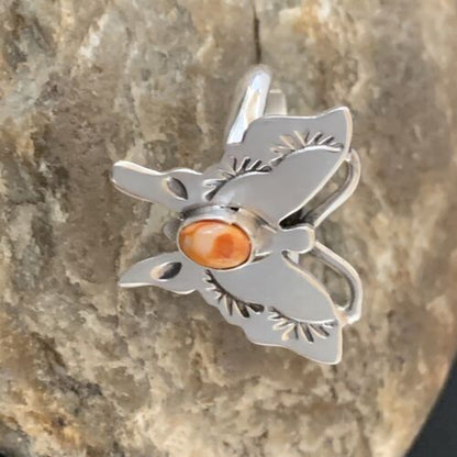 Navajo Orange Spiny Oyster Butterfly Ring | Sterling Silver | Sz Adj 8 | Authentic Native American Handmade | 10343