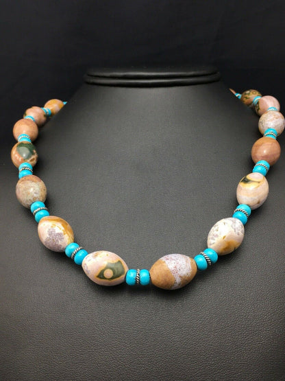 Native American Sterling Silver Blue Turquoise Agate Necklace | Authentic Handmade | 19" | 4499 - Masha USA