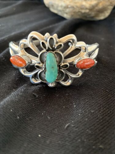 Men's Navajo Kingman Turquoise & Spiny Oyster Bracelet | Sterling Silver | Authentic Native American Handmade | 01032