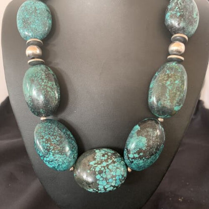 Chunky Navajo Pearl Graduated Turquoise Necklace | Sterling Silver | Authentic Native American Jewelry | 21" | 11904