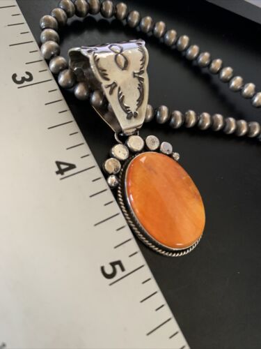 Navajo Orange Spiny Oyster Pendant Necklace | Sterling Silver | Authentic Native American Handmade | 13081