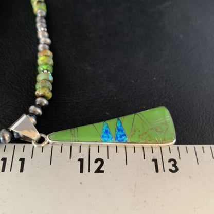 Navajo Green Turquoise Gaspeite Inlay Necklace | Sterling Silver | Authentic Native American Handmade | 13807