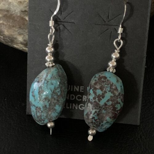 Navajo Turquoise Bead Nugget Earrings | Sterling Silver Pearls | 1" | Authentic Native American Handmade | 12891