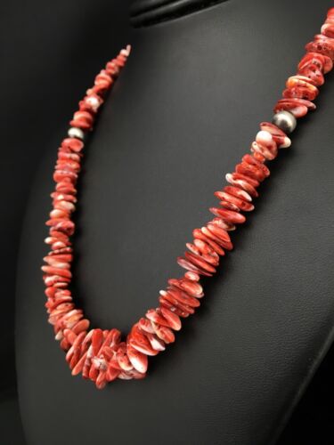 Navajo Red Spiny Oyster Necklace | Sterling Silver | Authentic Native American | 18" | 4767