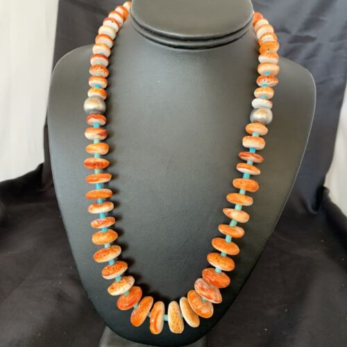 Navajo Orange Spiny Oyster & Turquoise Necklace | Sterling Silver | Authentic Native American | Graduated | 22" | 11387