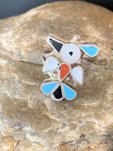 Zuni Peyote Bird Ring | Sterling Silver Coral Turquoise Onyx Mother of Pearl Inlay | Sz 5.5 | 10790