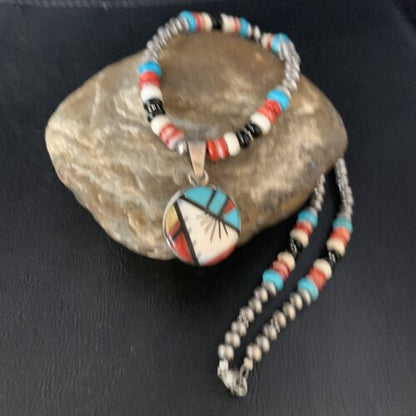 Zuni Multi-Color Turquoise Onyx Necklace | Sterling Silver Inlay Pendant | 13563