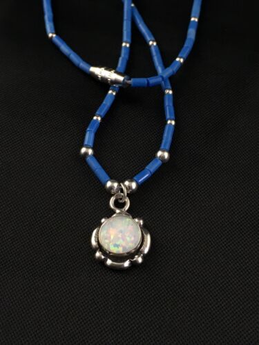 Navajo Opal Pendant with Lapis Beads | Sterling Silver Necklace | 17" | Authentic Native American Handmade | 10122