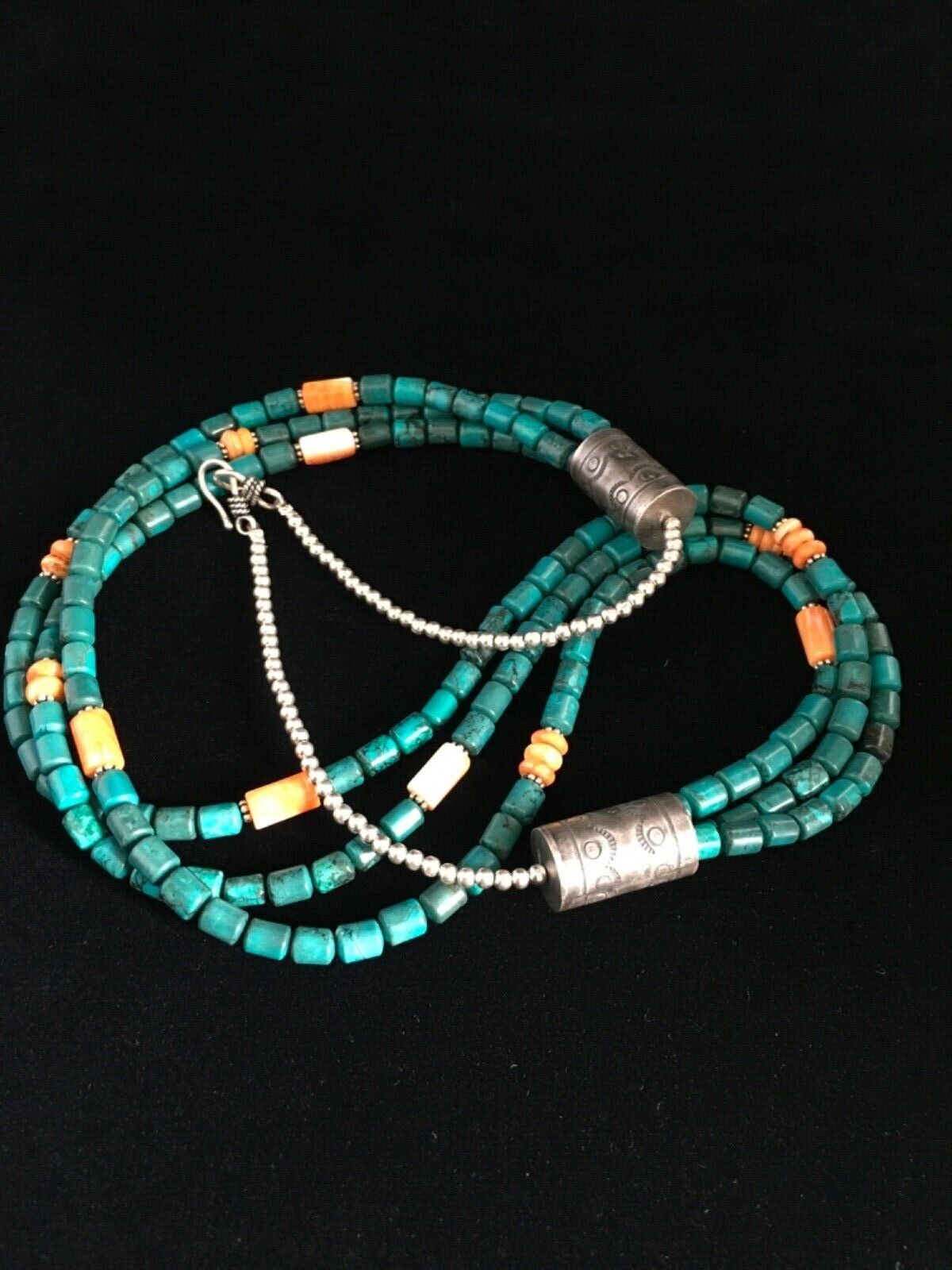 Navajo Sterling Silver Blue Spiderweb Turquoise Spiny Necklace | 3-Strand | 24" | 1774