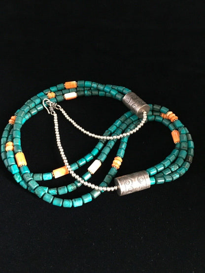 Navajo Sterling Silver Blue Spiderweb Turquoise Spiny Necklace | 3-Strand | 24" | 1774
