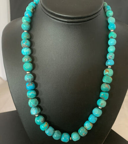 Navajo Blue Turquoise Bead Necklace Pendant | Sterling Silver | Authentic Native American Handmade | 20" | 02205