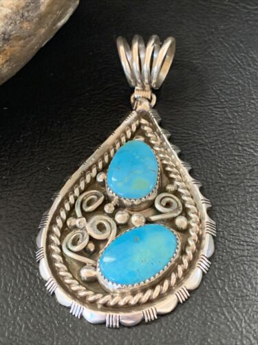 Navajo Blue Turquoise Cluster Pendant | Sterling Silver | 3" | Authentic Native American Handmade | 02103