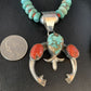 Navajo Sterling Silver Necklace | Blue Turquoise & Coral Naja Pendant | Authentic Native American Handmade | 13744