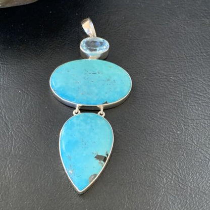 Navajo Blue Topaz Turquoise Multi-Stone Pendant | Authentic Native American Sterling Silver | 3.5" | 12024