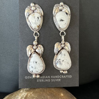 Navajo White Buffalo Turquoise Dangle Earrings | Sterling Silver | 2.5" | Authentic Native American Handmade | 14740